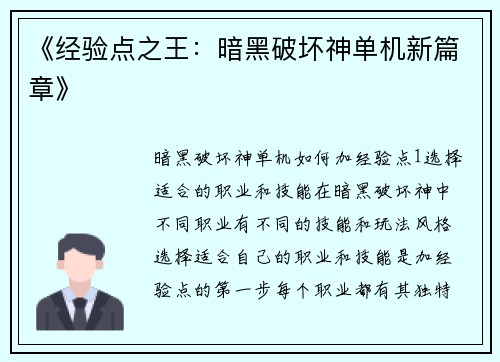 《经验点之王：暗黑破坏神单机新篇章》